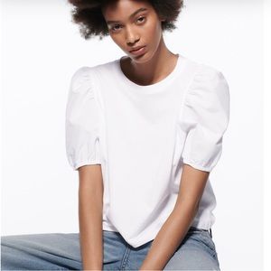 NWT Zara Mixed Poplin White Tee With Puffed Sleeves Sz M #0239